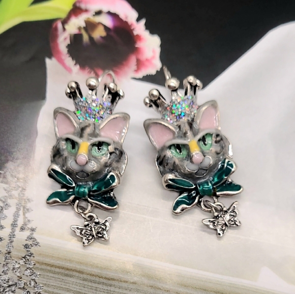Vintage Estate Collectible Signed Kirks Folly Princess Kitty Silver Earrings - Picture 6 of 11